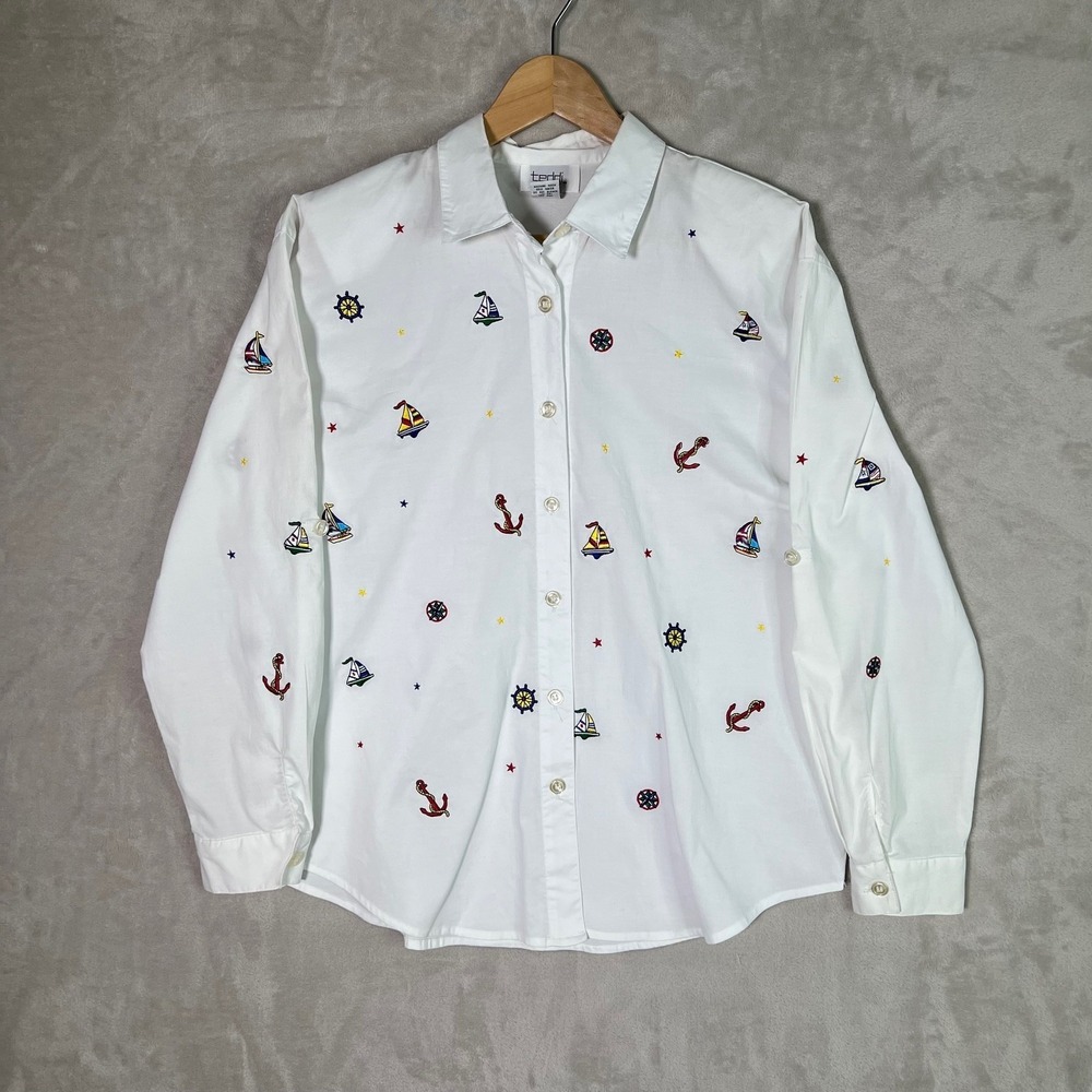 Vintage Teddi Button Up Shirt L Nautical Sail Boats Coastal Anchor Grannycore